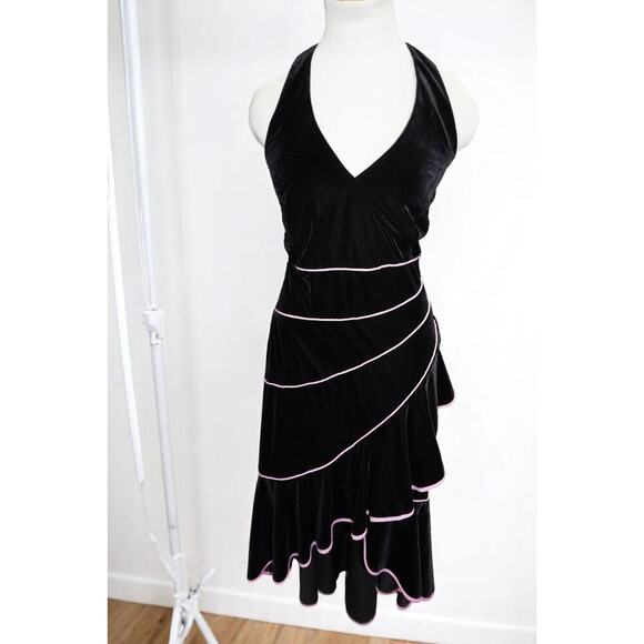 Y2K Velvet Halter Dress with Pink Piping Blondie Nites by Linda Bernell 16W - Picture 1 of 14